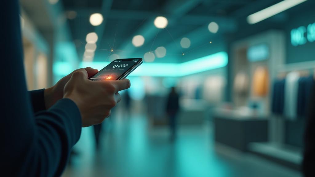 Klant interageert met een merk via smartphone, laptop en in een fysieke winkel, symboliseert verbonden omnichannel ervaring